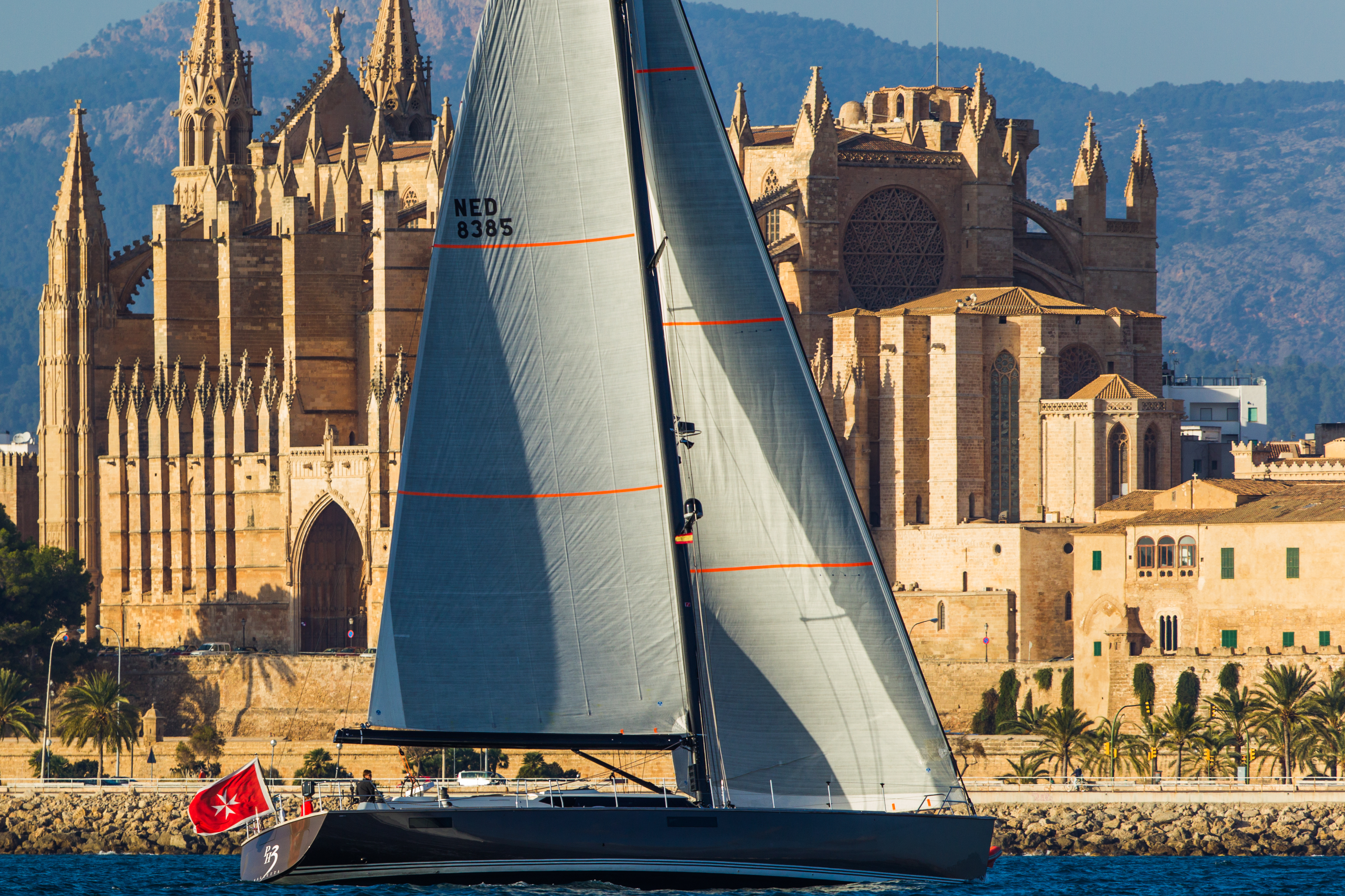 Contest sailing yacht underway at sea