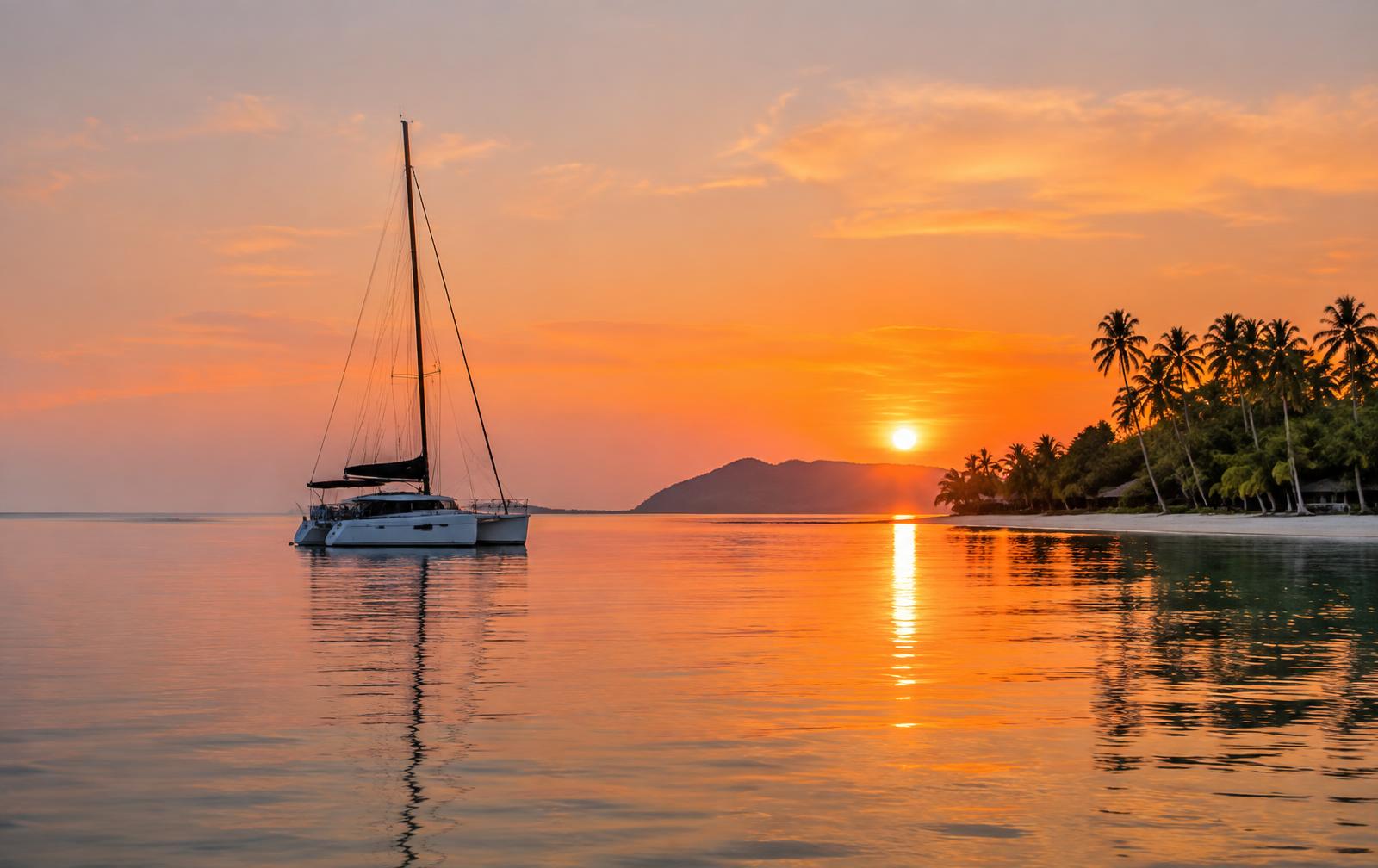 Sailing yacht at sunset off a palm-fringed beach in the Gulf of Thailand